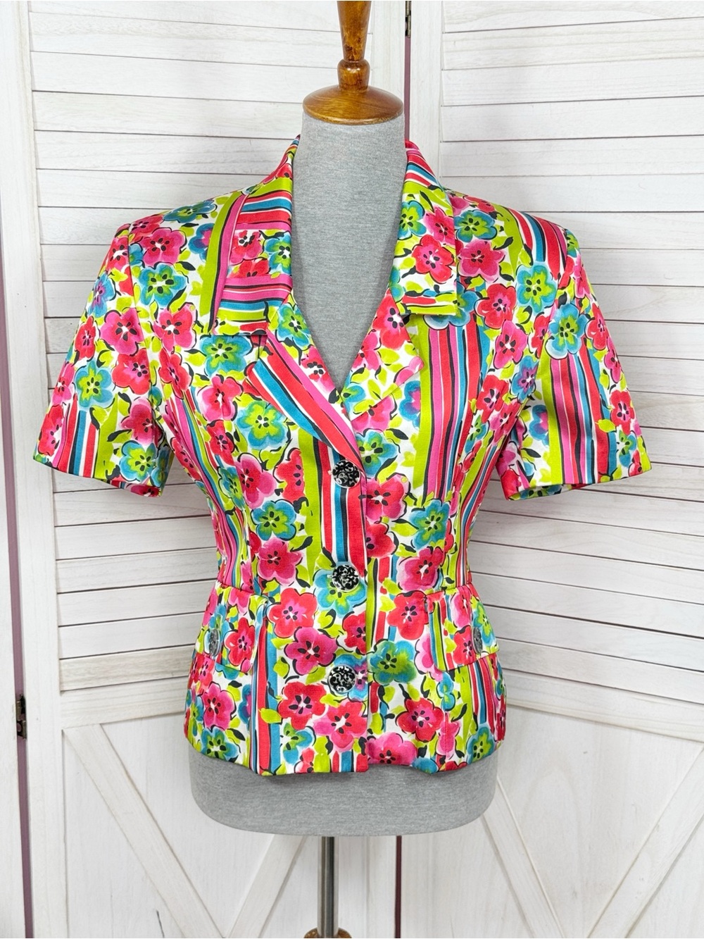 Vertigo Paris Floral Striped Satin Blazer Jacket Multicolor Large Y2K Retro Chic